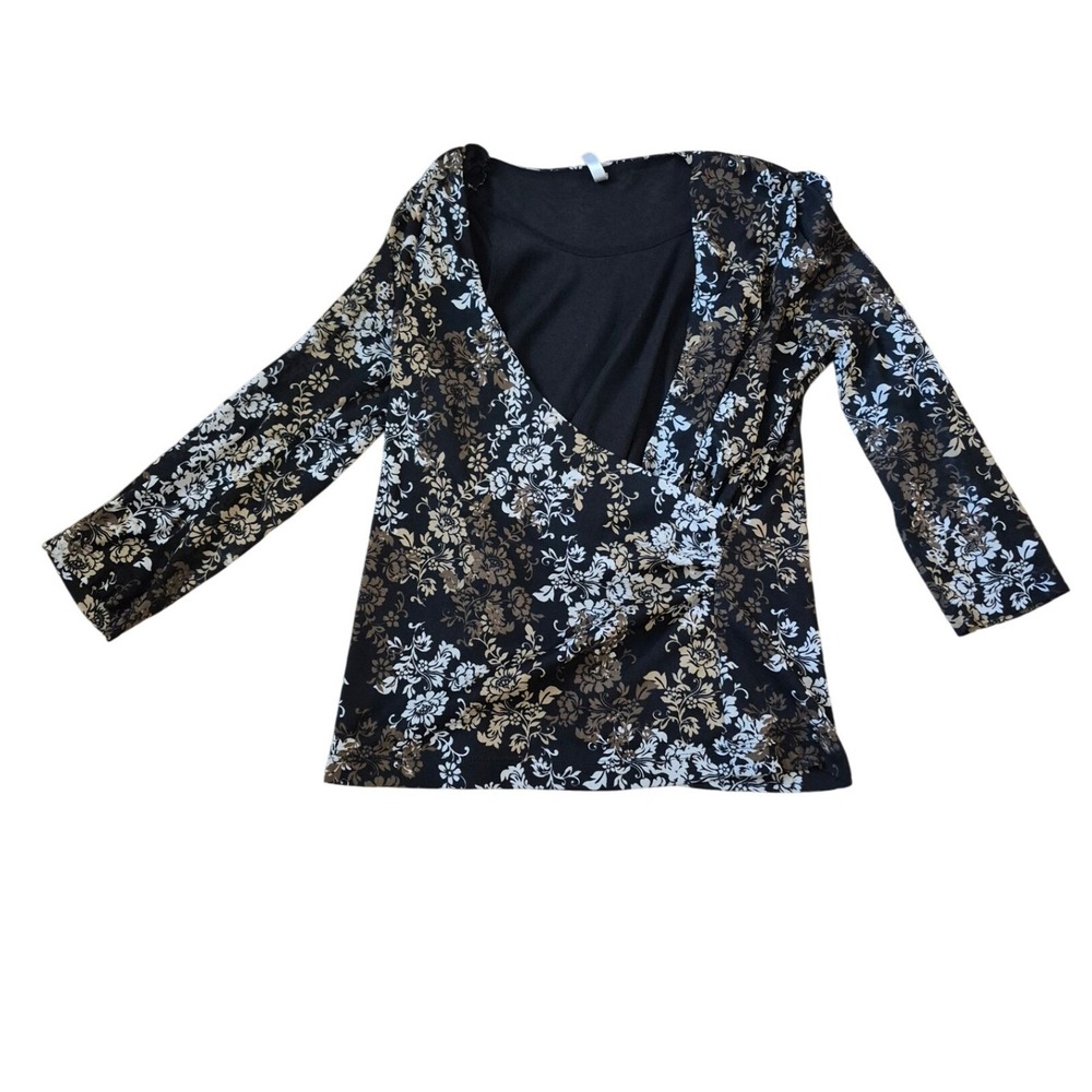 White‎ Stag Y2K Womens Floral Faux Wrap Top Black Tan V-Neck 3/4 Sleeve Size M